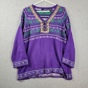Vtg Denim 24/7 Purple Green Knit LS Metal Fastener V Neck Sweater Women's Medium